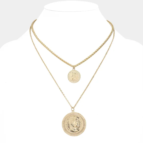 Gold Chain Double Layered Portrait Head Coin Link Necklace - Picture 11 of 11